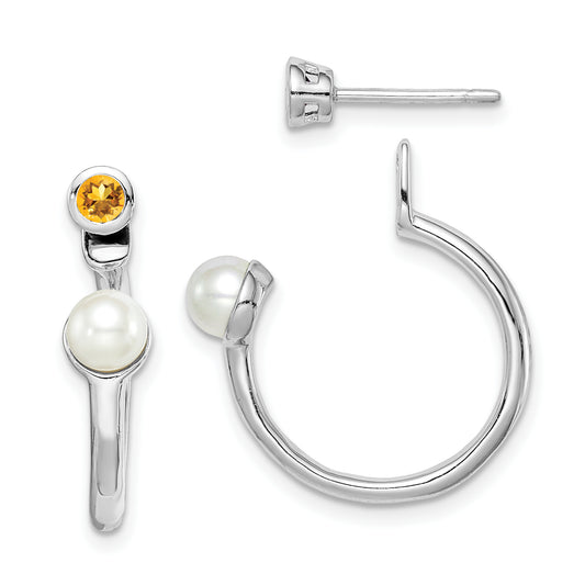 Sterling Silver Rhodium-Plated Fwc Pearl Citrine Front & Back Post Earrings