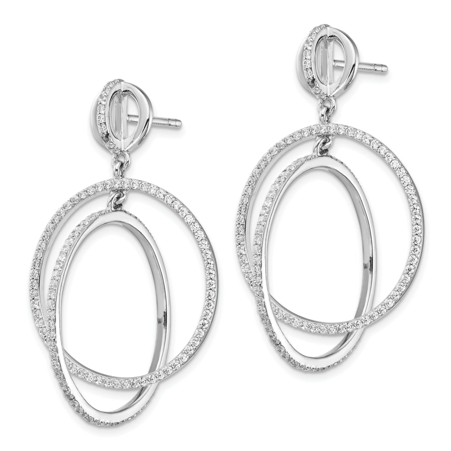 Sterling Silver Rhodium-Plated Cz Circles Dangle Post Earrings