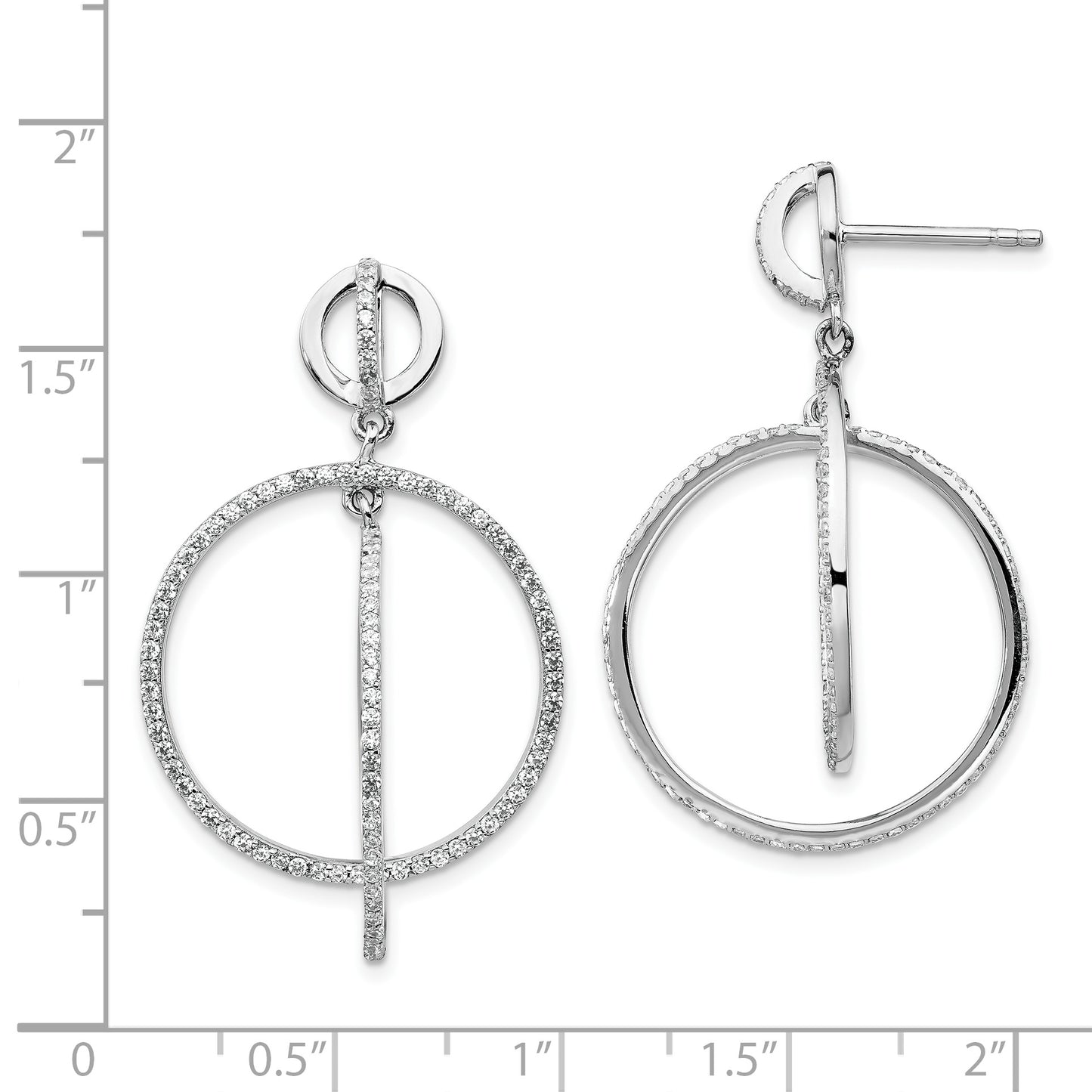 Sterling Silver Rhodium-Plated Cz Circles Dangle Post Earrings