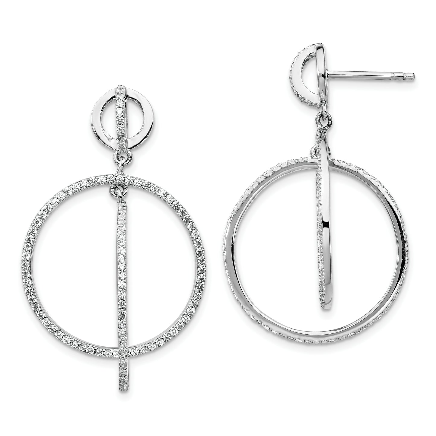 Sterling Silver Rhodium-Plated Cz Circles Dangle Post Earrings