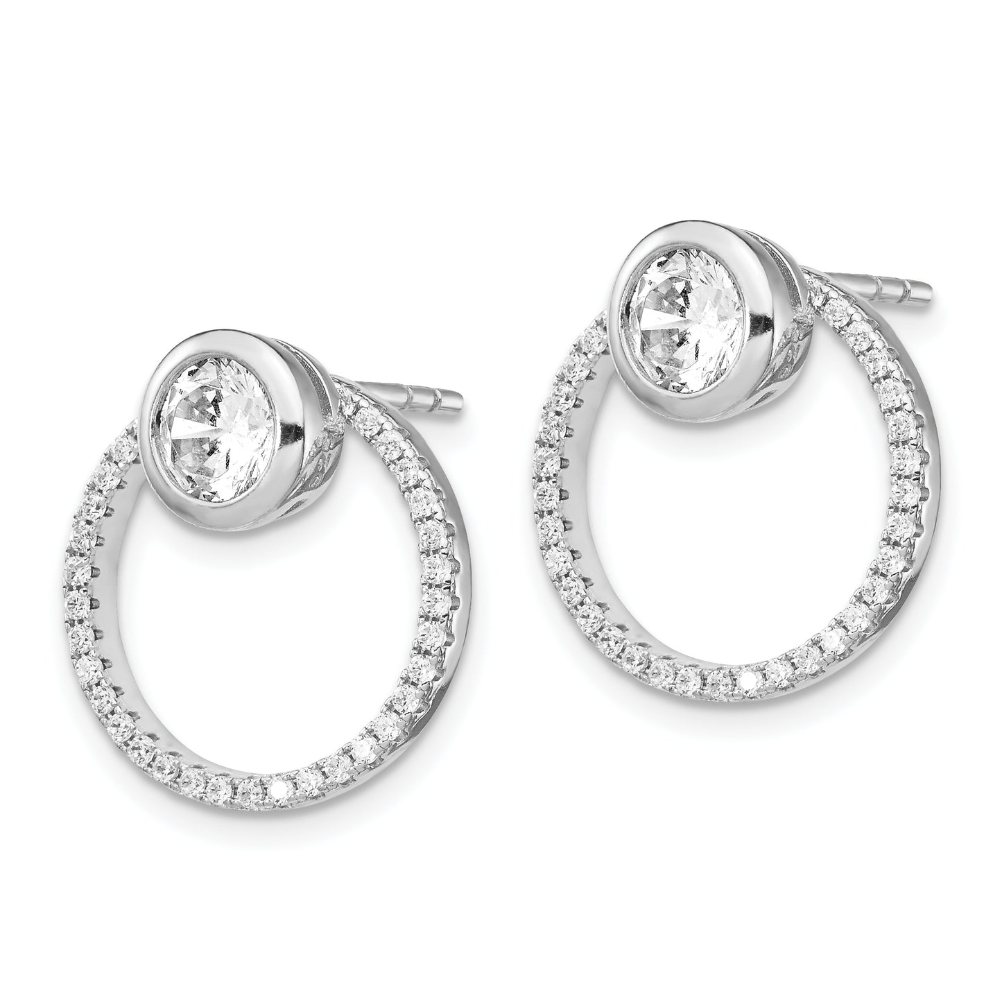 Sterling Silver Rh-Plated Cz Circle Dangle Jackets With Post Earrings