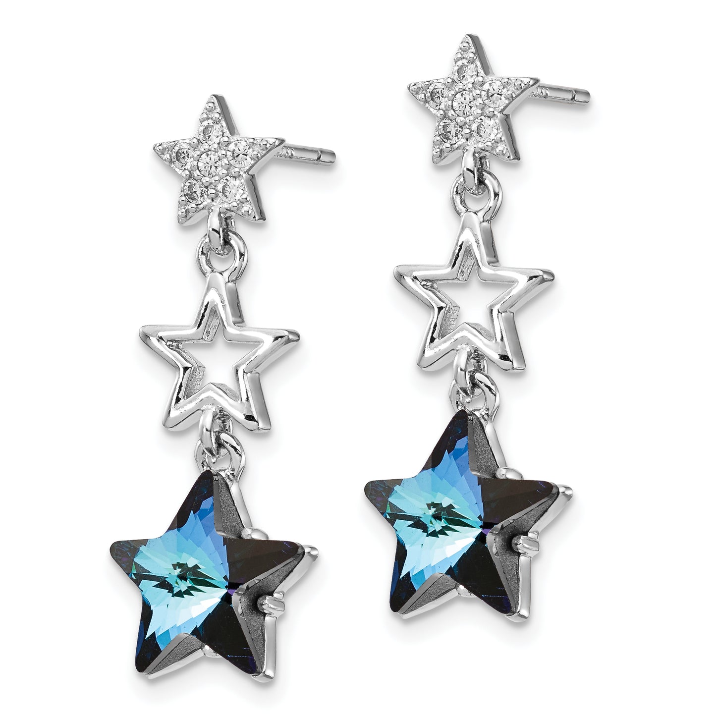 Sterling Silver Rhodium-Plated Blue Crystal Star Dangle Post Earrings