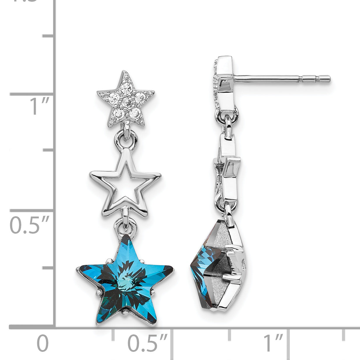 Sterling Silver Rhodium-Plated Blue Crystal Star Dangle Post Earrings