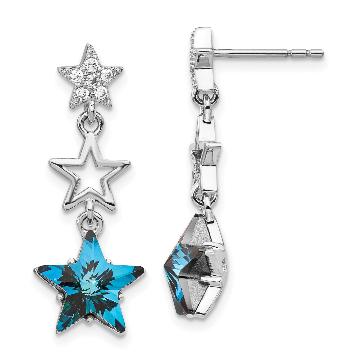 Sterling Silver Rhodium-Plated Blue Crystal Star Dangle Post Earrings