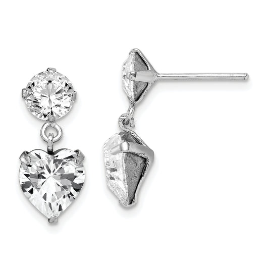 Sterling Silver Rh-Plated Crystal Heart Dangle Post Earrings