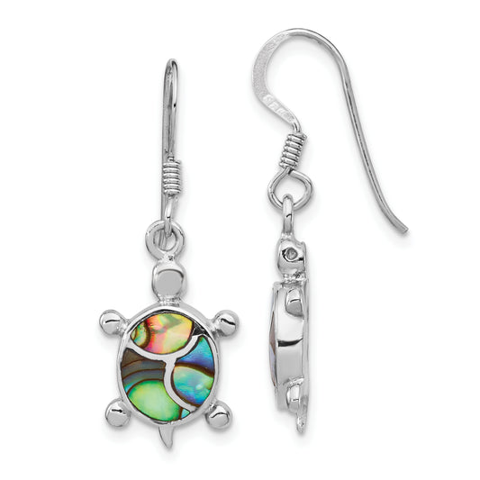 Sterling Silver Rhodium-Plated Abalone Turtle Dangle Earrings