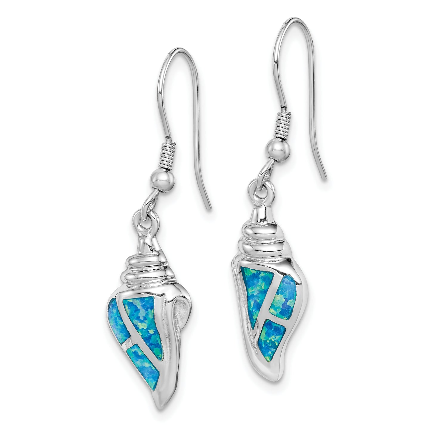 Sterling Silver Rhodium-Plated Created Blue Opal Seashell Dangle Earrings