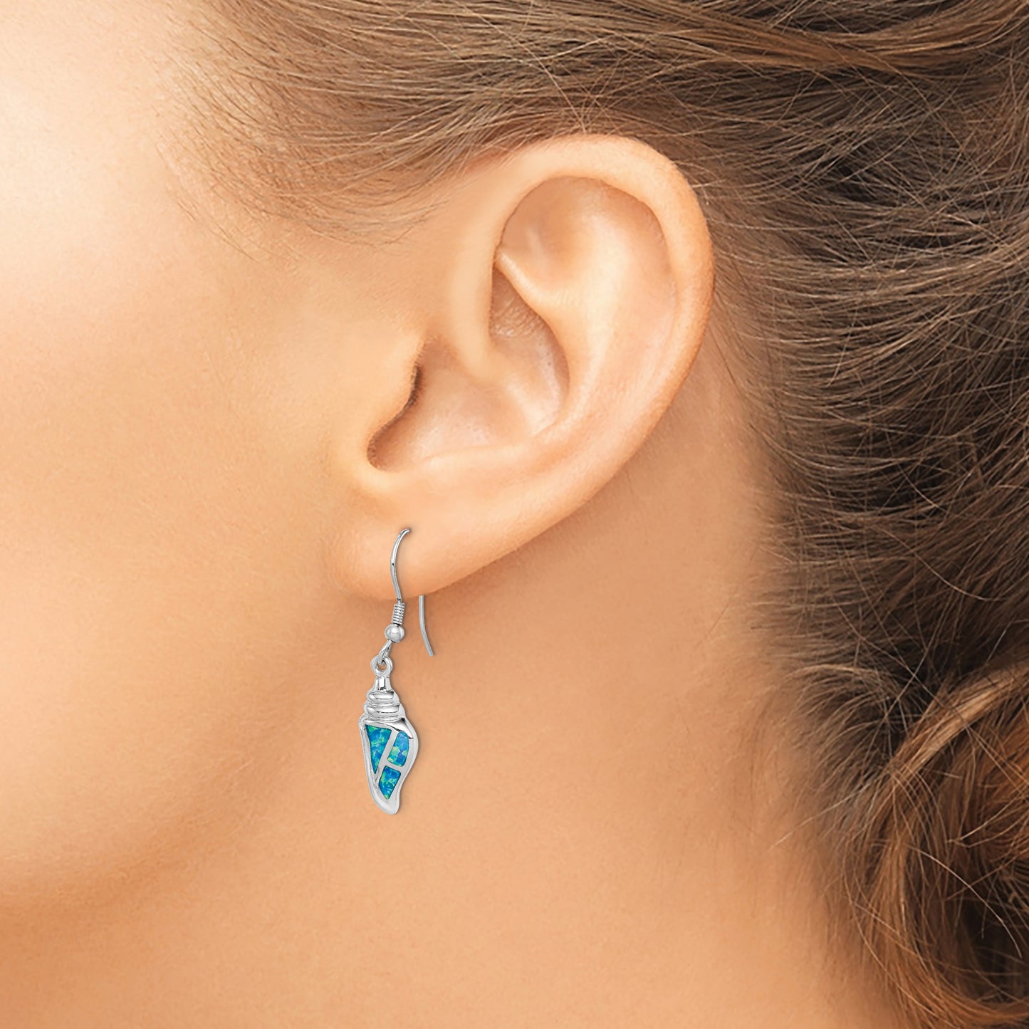 Sterling Silver Rhodium-Plated Created Blue Opal Seashell Dangle Earrings