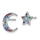 Sterling Silver Prizma Rhodium-Plated Moon And Star Colorful Cz Post Earrings