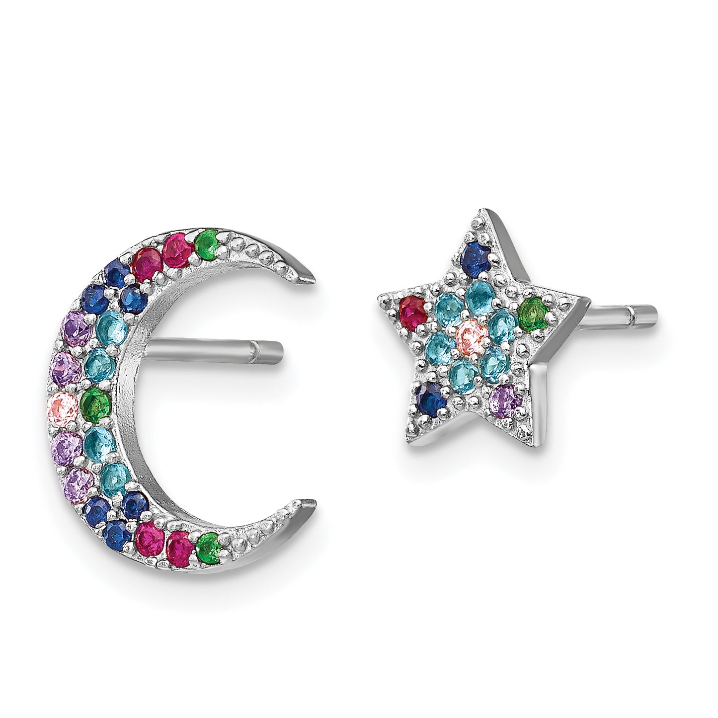 Sterling Silver Prizma Rhodium-Plated Moon And Star Colorful Cz Post Earrings