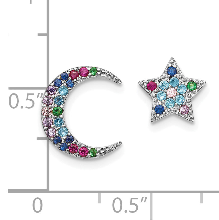 Sterling Silver Prizma Rhodium-Plated Moon And Star Colorful Cz Post Earrings