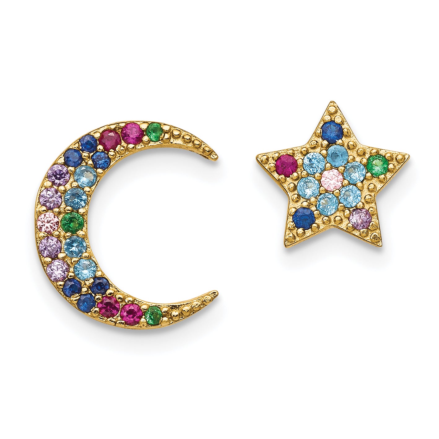 Sterling Silver Prizma Gold-Tone 14K Flash Gold-Plated Moon And Star Colorful Cz Post Earrings