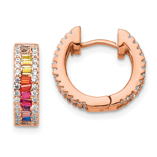 Sterling Silver Prizma Rose-Tone 14K Flash Rose Gold-Plated White And Colorful Baguette Cz Hinged Hoop Earrings