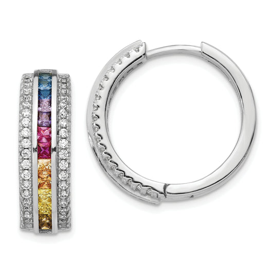 Sterling Silver Prizma Rhodium-Plated Channel Set Colorful And White Cz Hinged Hoop Earrings