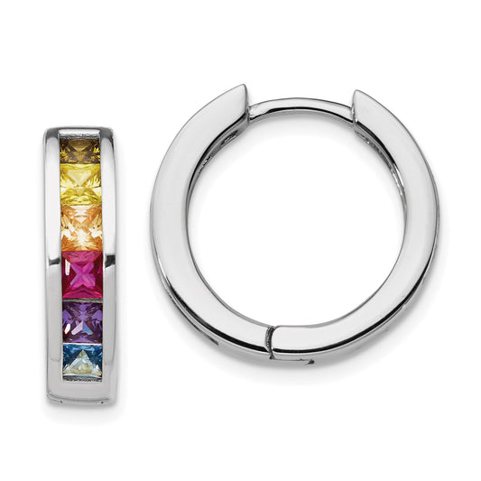 Sterling Silver Prizma Rhodium-Plated Channel Set Colorful Cz Small Hinged Hoop Earrings