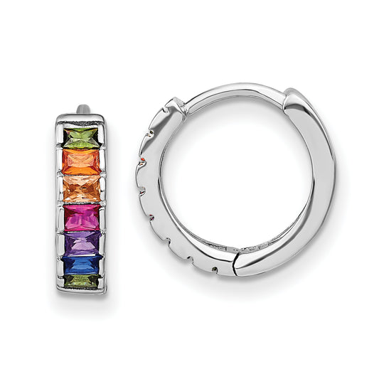 Sterling Silver Prizma Rhodium-Plated Channel-Set White And Colorful Baguette Cz Hinged Hoop Earrings