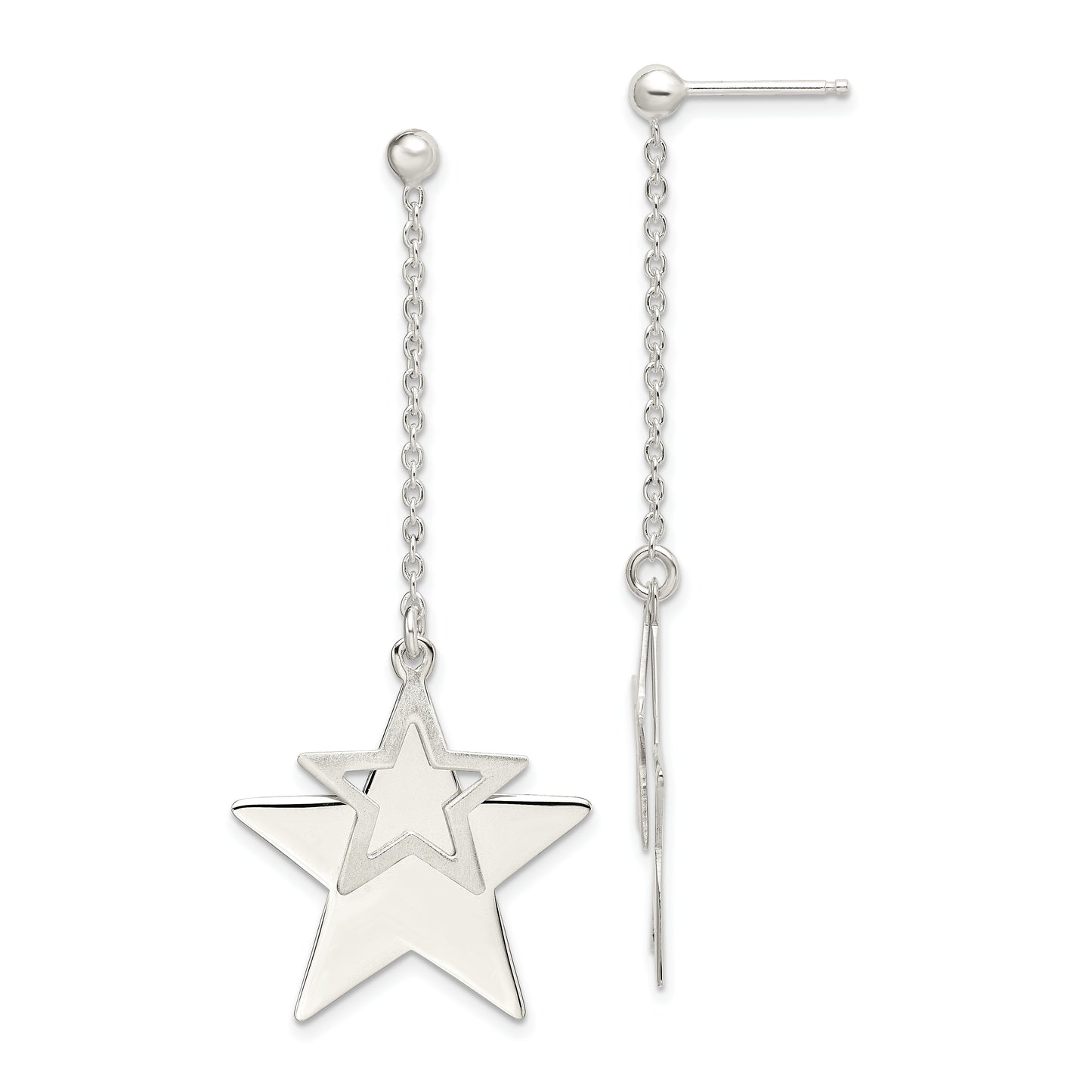 Sterling Silver Satin And Polished Cut-Out Stars Drop Post Earrings