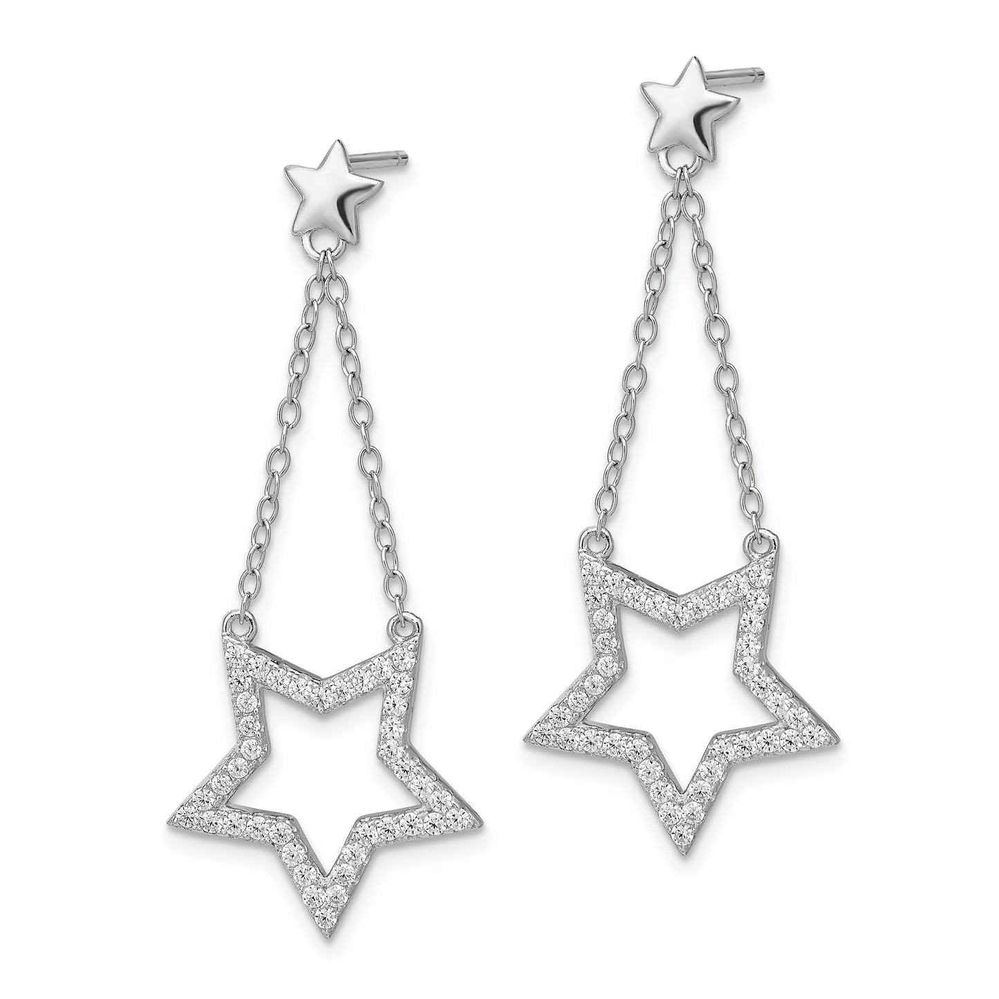 Sterling Silver Rhodium Plated Cz Star Dangle Earrings