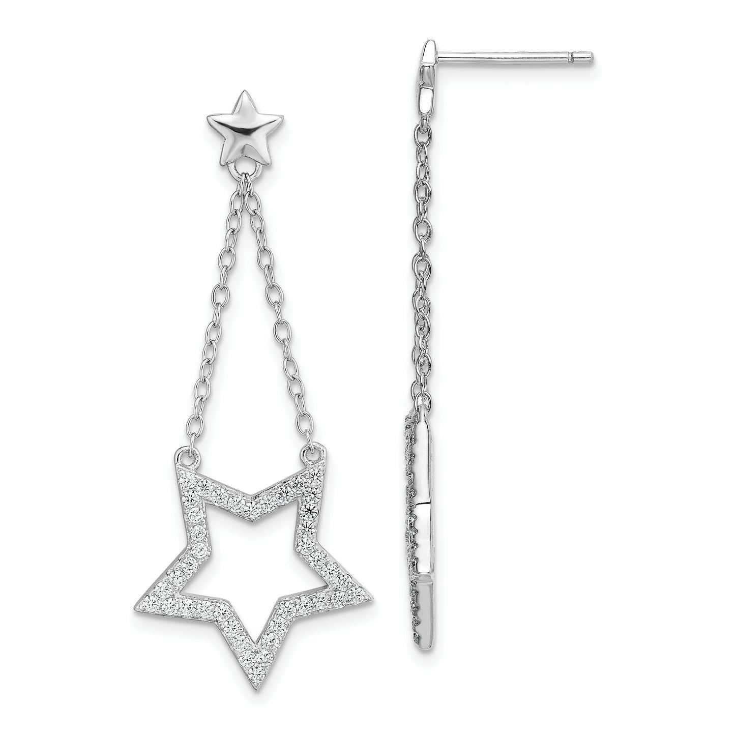 Sterling Silver Rhodium Plated Cz Star Dangle Earrings