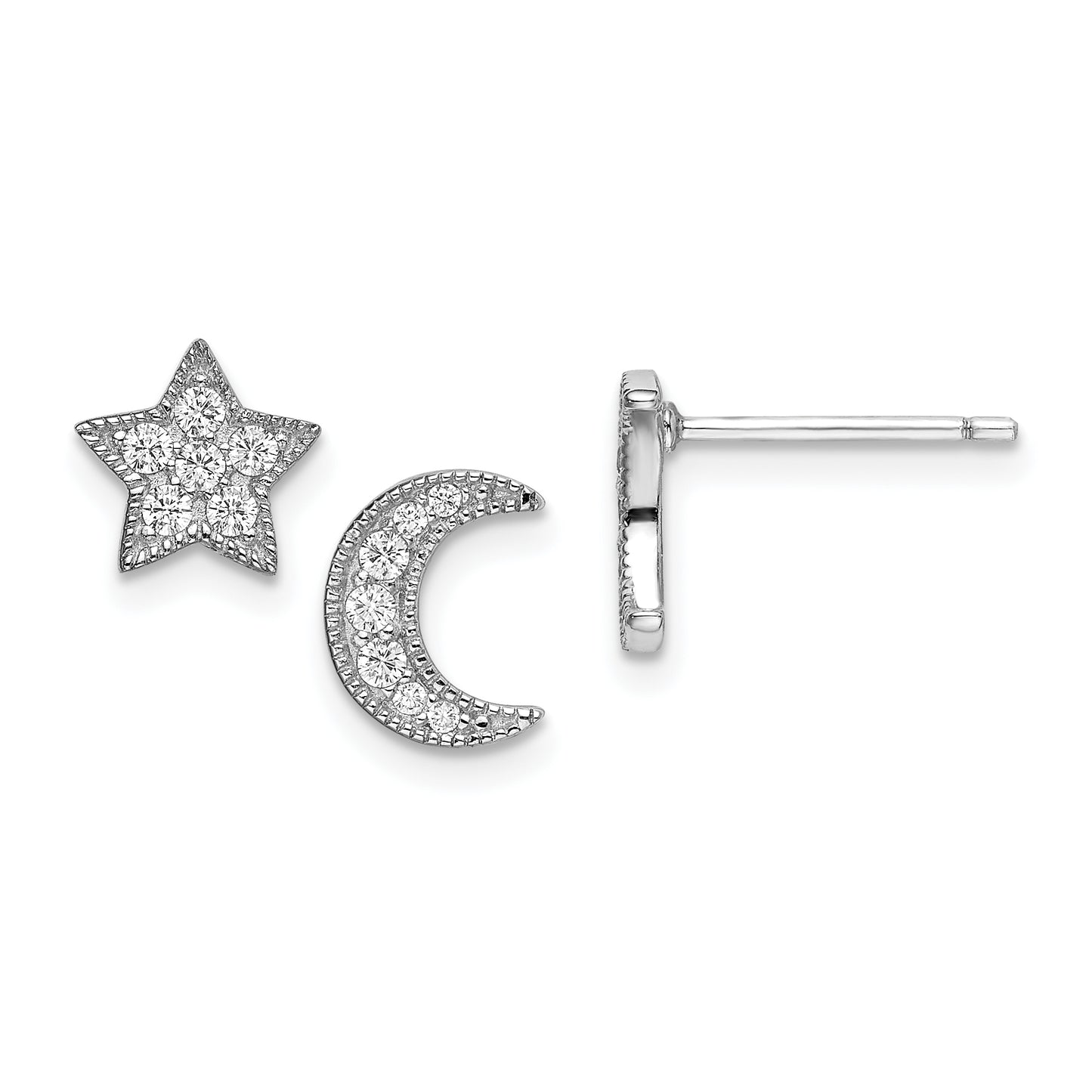 Sterling Silver Rhodium-Plated Cz Star And Moon Left/Right Earrings