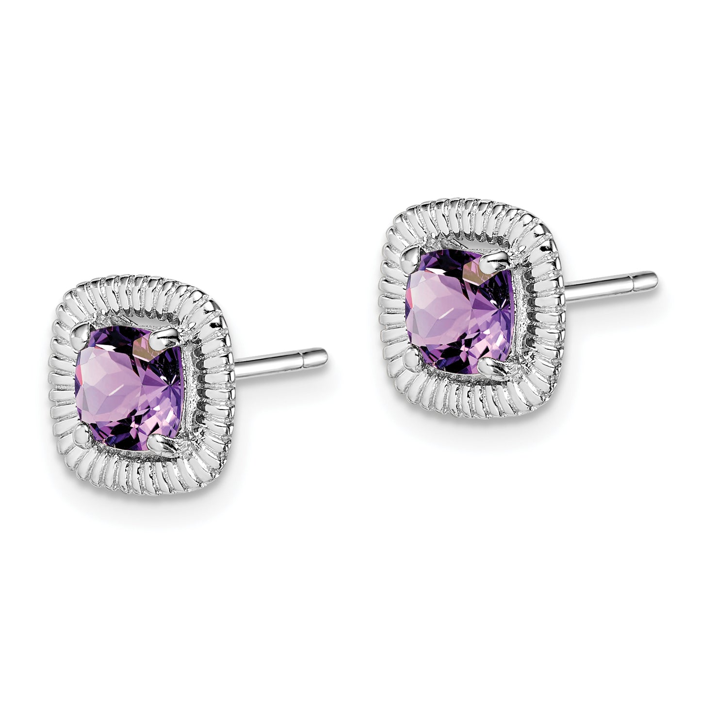 Sterling Silver Rhod-Plat Amethyst Square Post Earrings