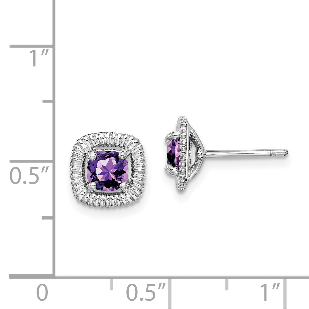 Sterling Silver Rhod-Plat Amethyst Square Post Earrings