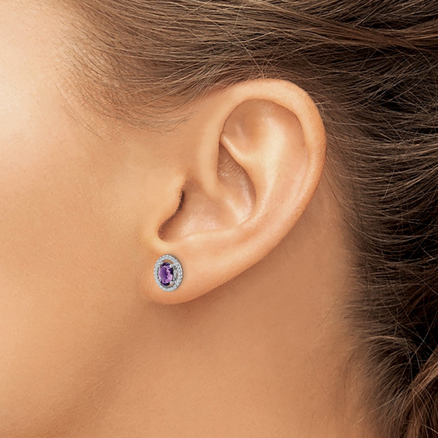 Sterling Silver Rhod-Plat Amethyst Oval Post Earrings