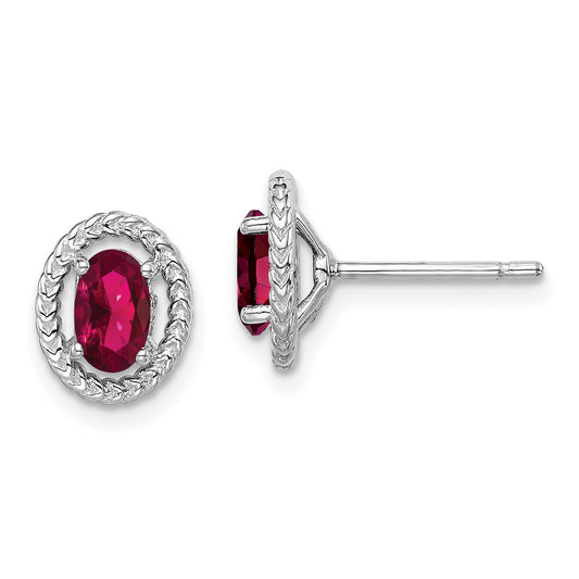 Sterling Silver Rhod-Plat Created Ruby Oval Post Earrings