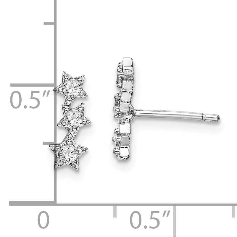 Sterling Silver Rhodium-Plated Cz Triple Star Stud Earrings