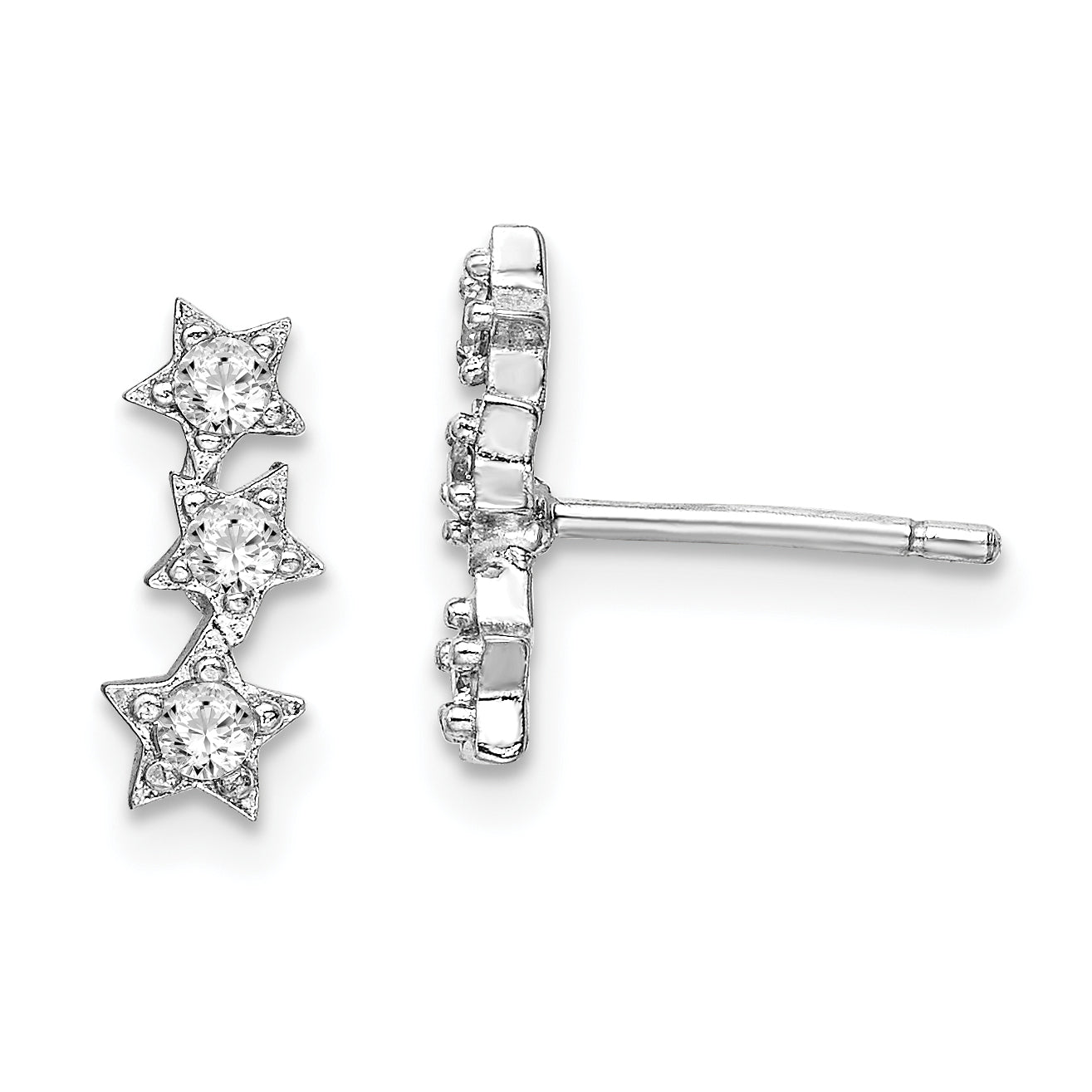 Sterling Silver Rhodium-Plated Cz Triple Star Stud Earrings