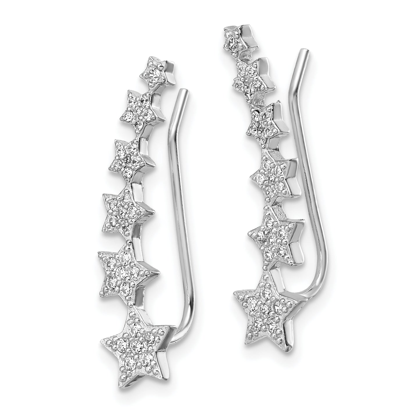 Sterling Silver Rhodium-Plated Graduating Cz Stars Ear Climber Earrings