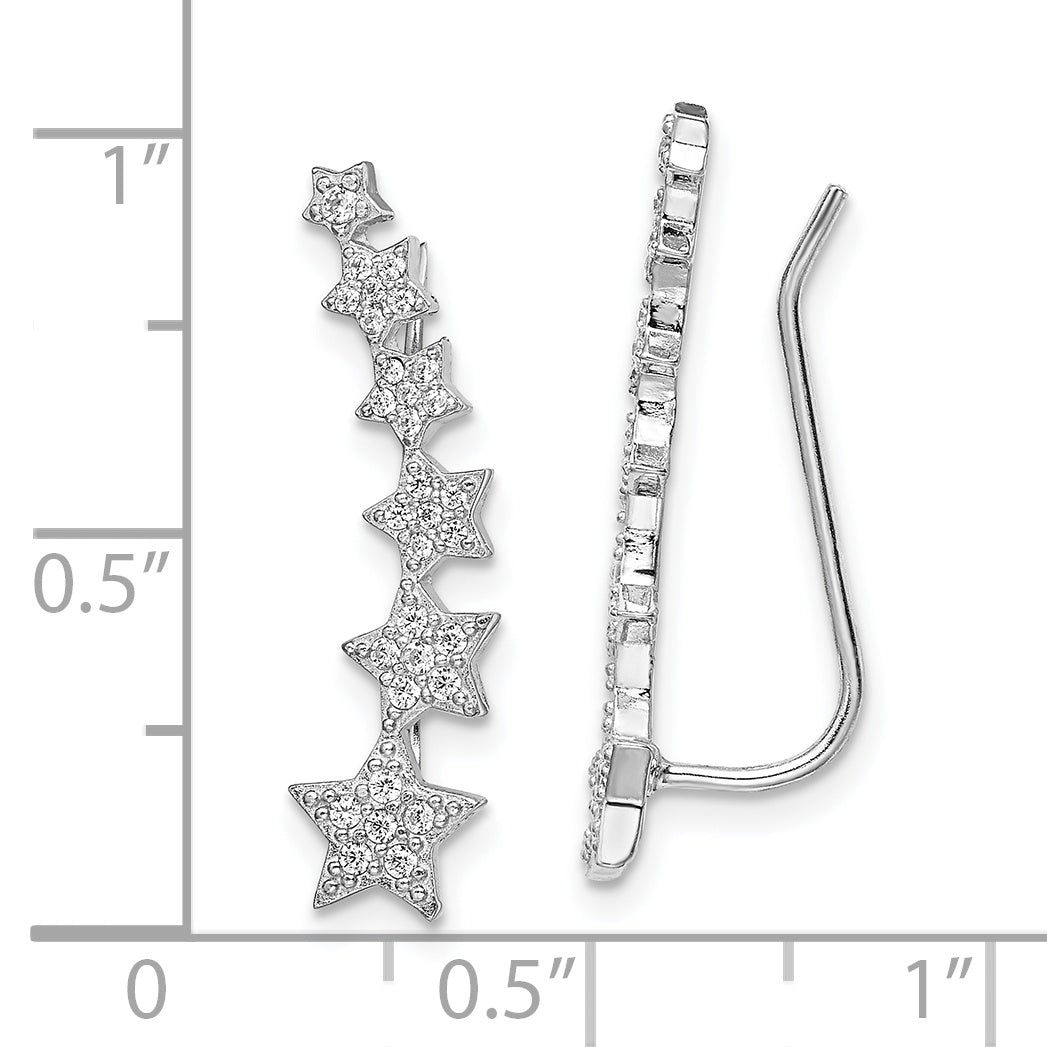 Sterling Silver Rhodium-Plated Graduating Cz Stars Ear Climber Earrings