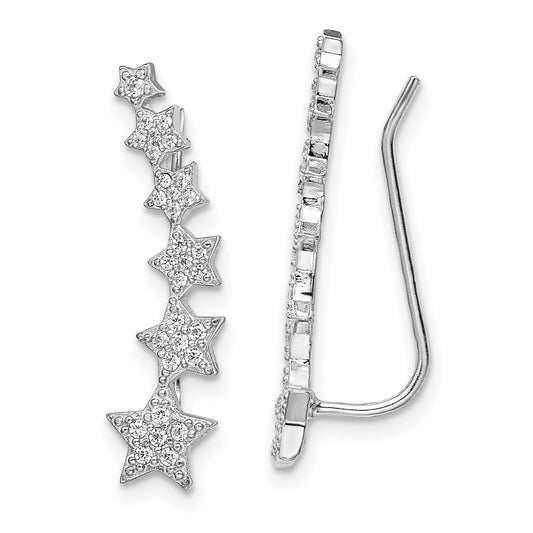 Sterling Silver Rhodium-Plated Graduating Cz Stars Ear Climber Earrings