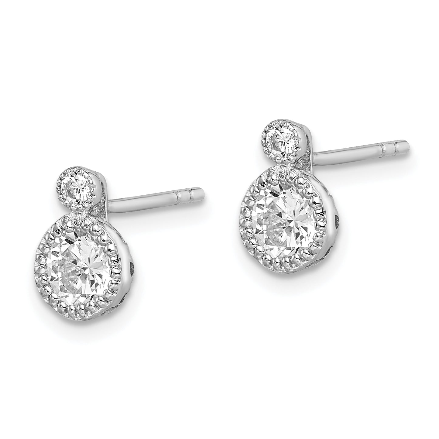 Sterling Silver Rh-Plated Polished & Beaded Double Cz Circle Post Earrings