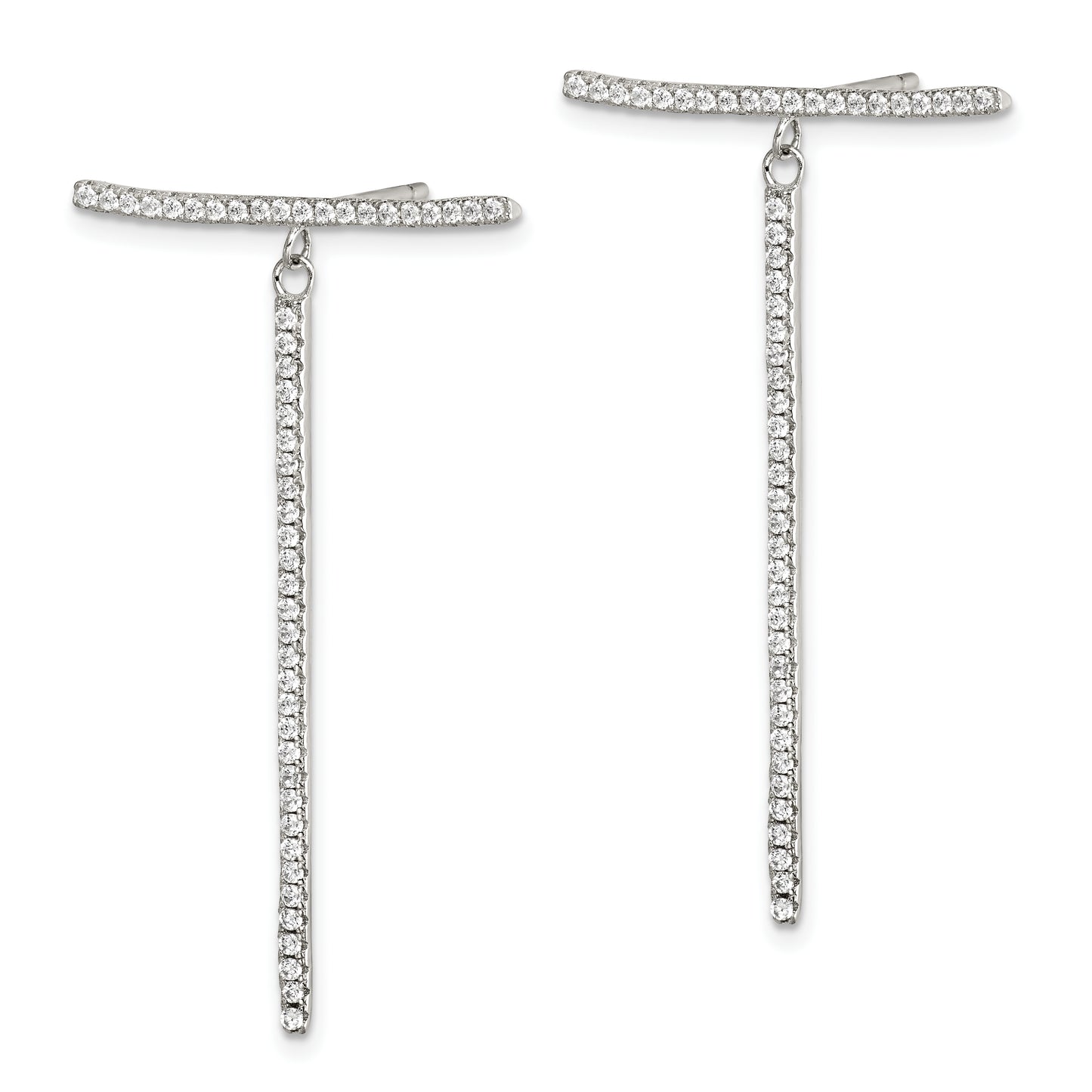 Sterling Silver White Cz Dangle Bar Post Earrings