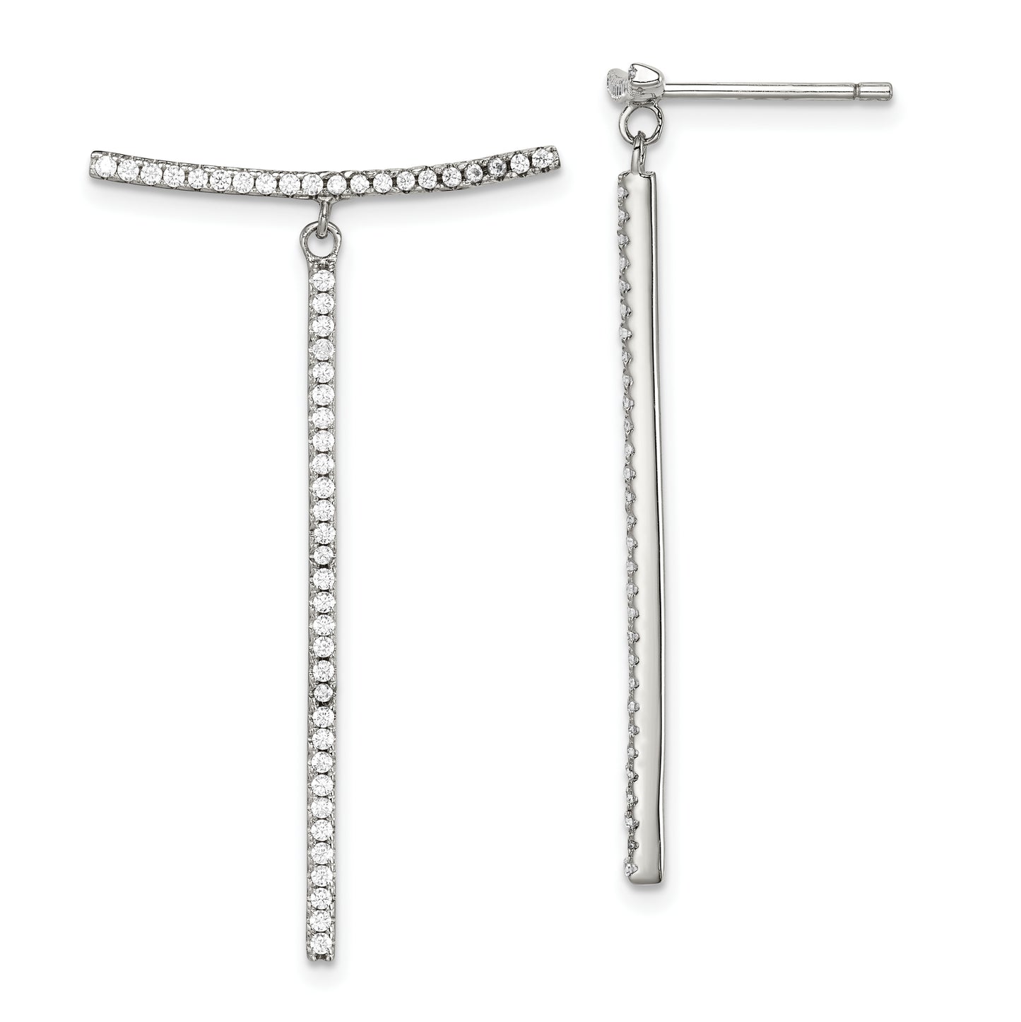 Sterling Silver White Cz Dangle Bar Post Earrings