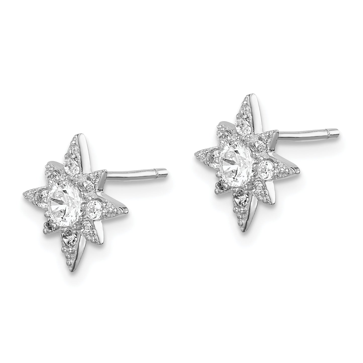 Sterling Silver Rhodium-Plated Polished & Beaded Cz Star Post Earrings