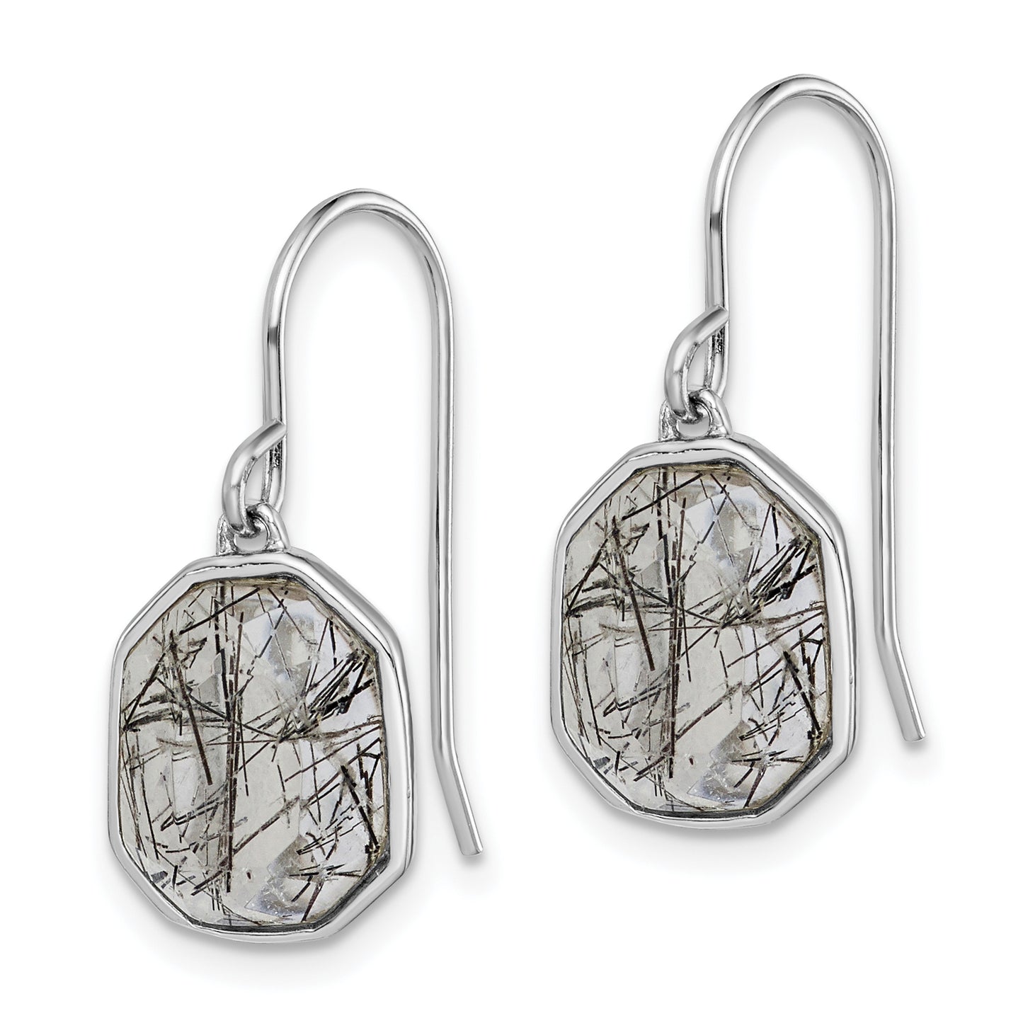 Sterling Silver Rh-Plated Polished Tourmalinated Quartz Dangle Earrings