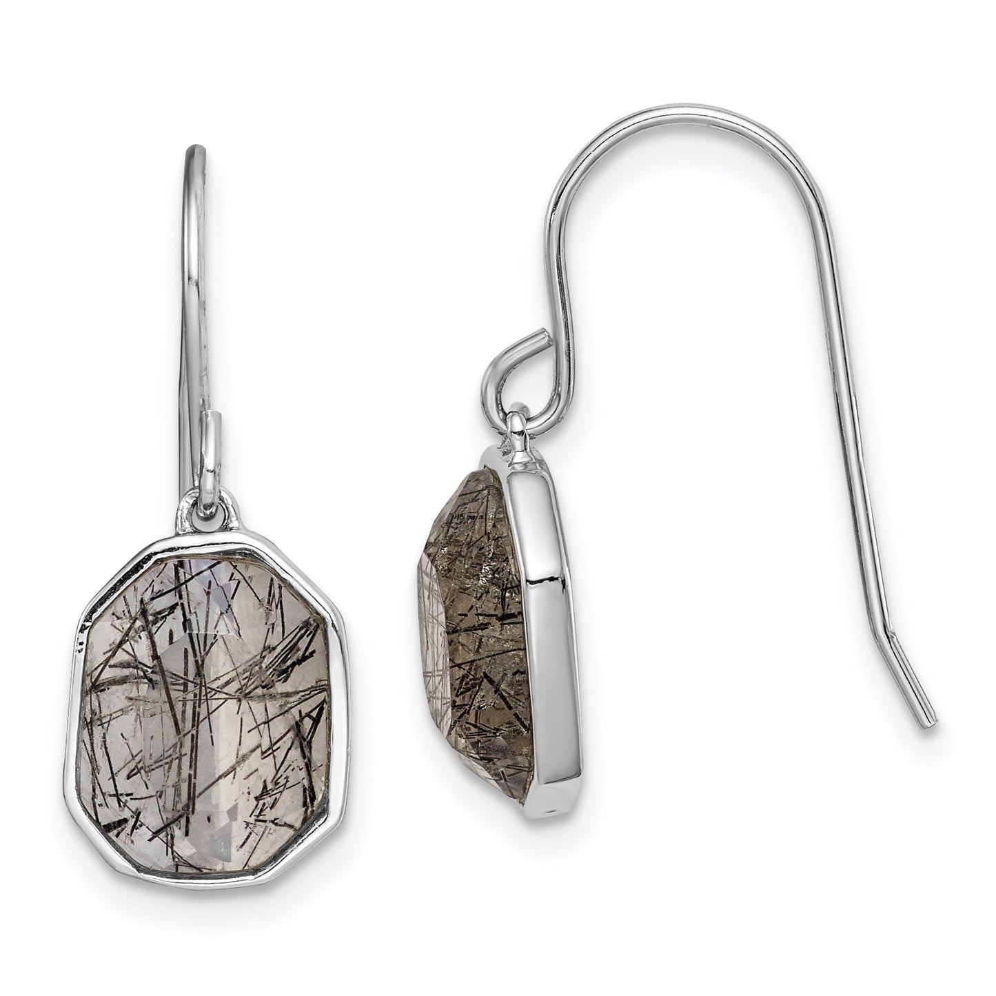 Sterling Silver Rh-Plated Polished Tourmalinated Quartz Dangle Earrings