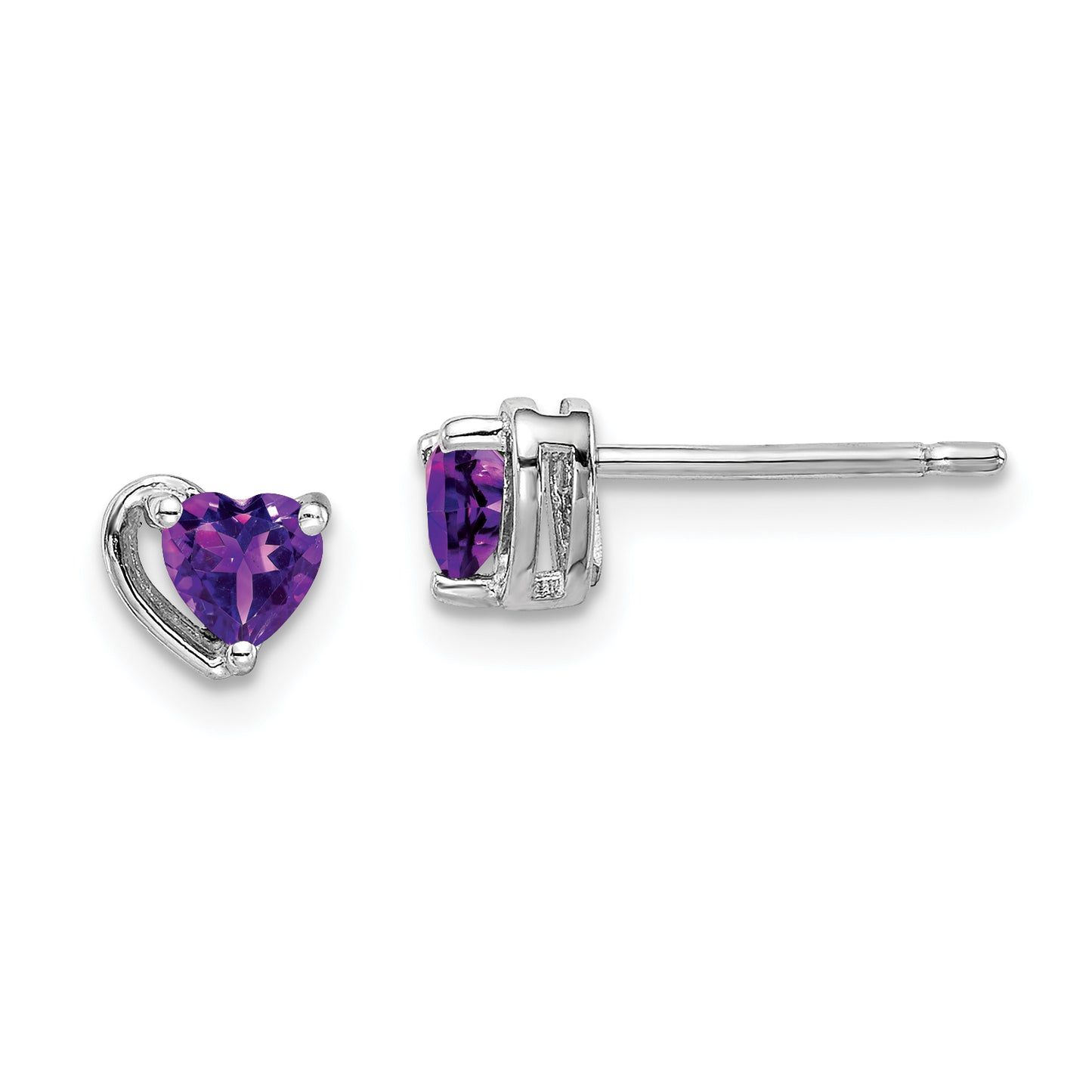 Sterling Silver Rhod-Plated Amethyst Heart Post Earrings