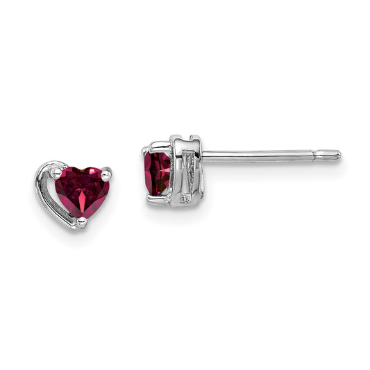 Sterling Silver Rhod-Plated Created Ruby Heart Post Earrings