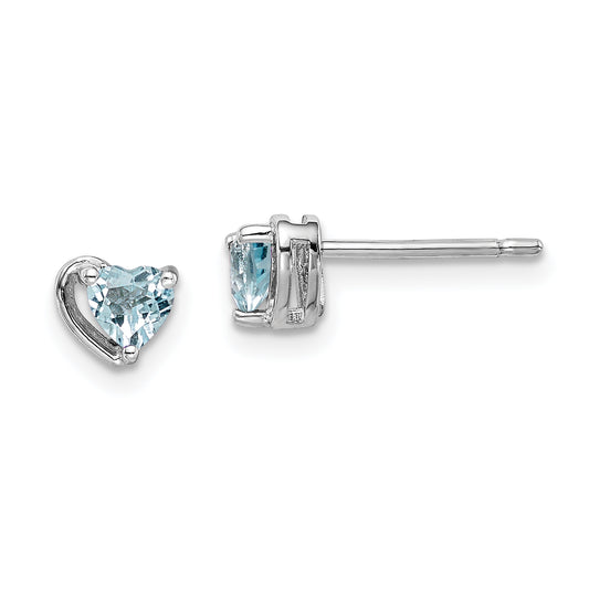 Sterling Silver Rhod-Plated Aquamarine Heart Post Earrings