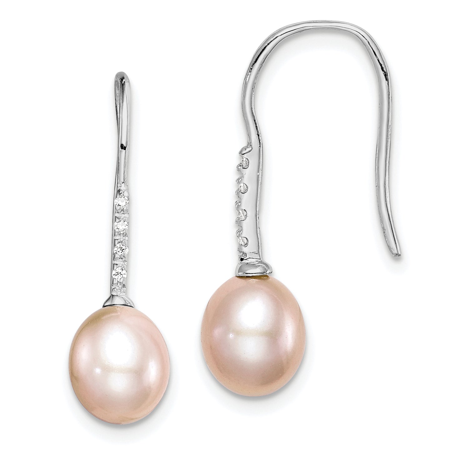 Sterling Silver Rhodium-Plated Polished Pink 7-8mm Freshwater Cultured Pearl & Cz Dangle Earrings