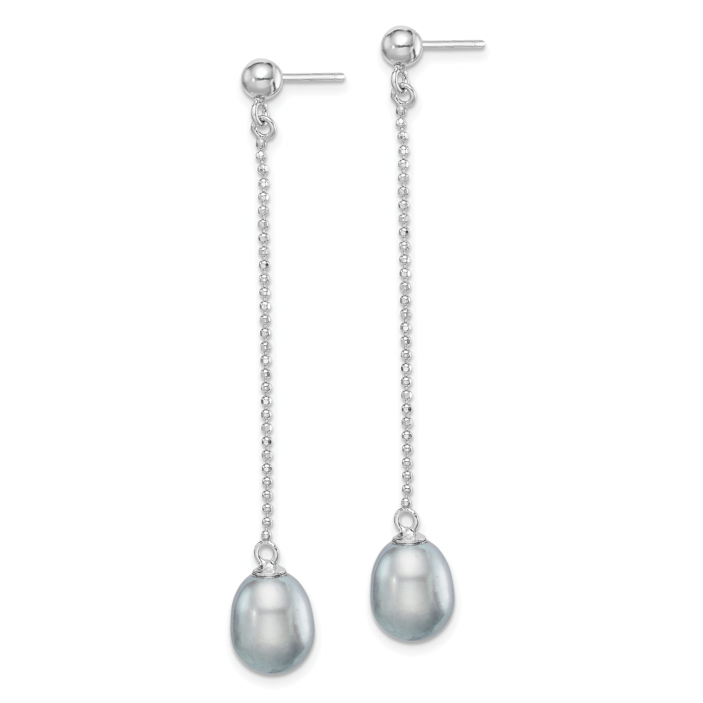 Sterling Silver Rhodium-Plated Polished & Beaded 7-8mm Grey Freshwater Cultured Pearl Post Dangle Earrings