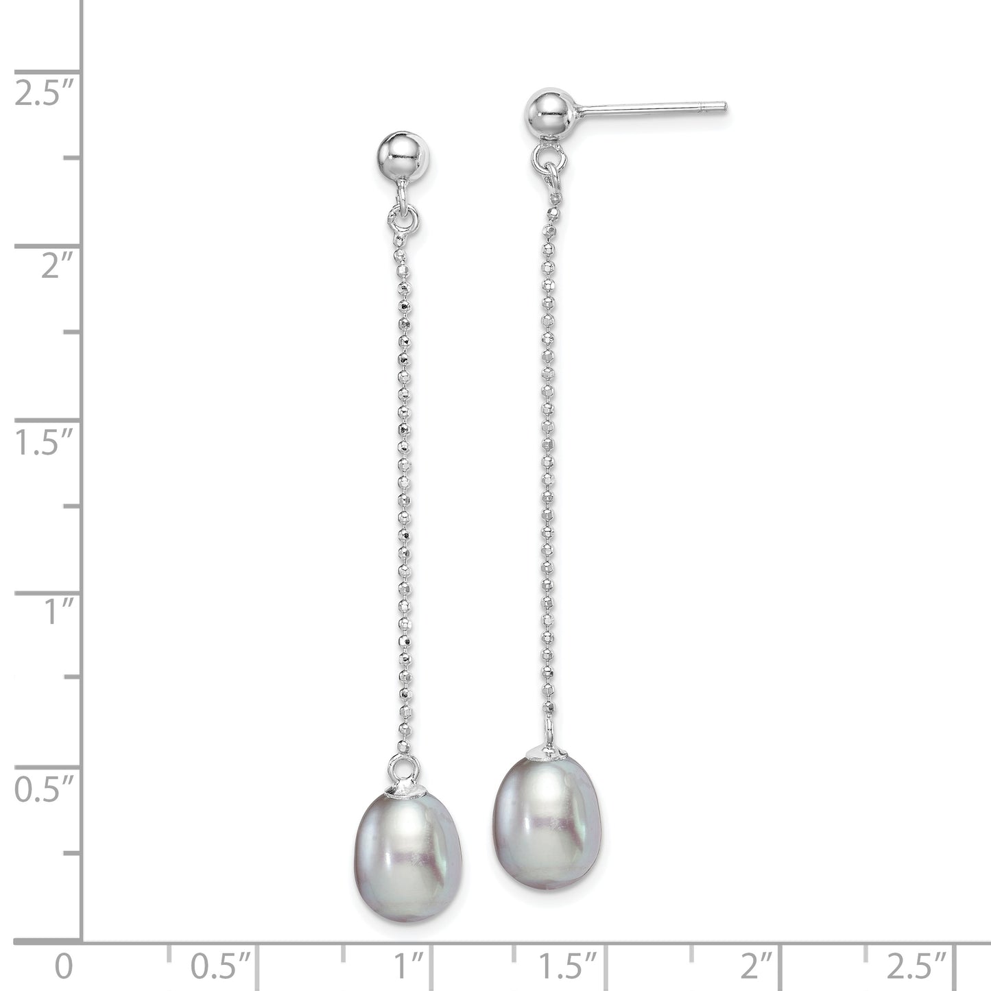 Sterling Silver Rhodium-Plated Polished & Beaded 7-8mm Grey Freshwater Cultured Pearl Post Dangle Earrings