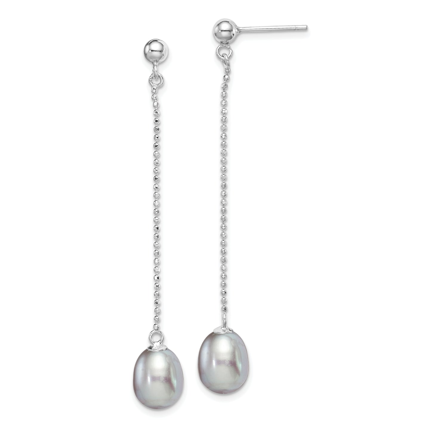 Sterling Silver Rhodium-Plated Polished & Beaded 7-8mm Grey Freshwater Cultured Pearl Post Dangle Earrings