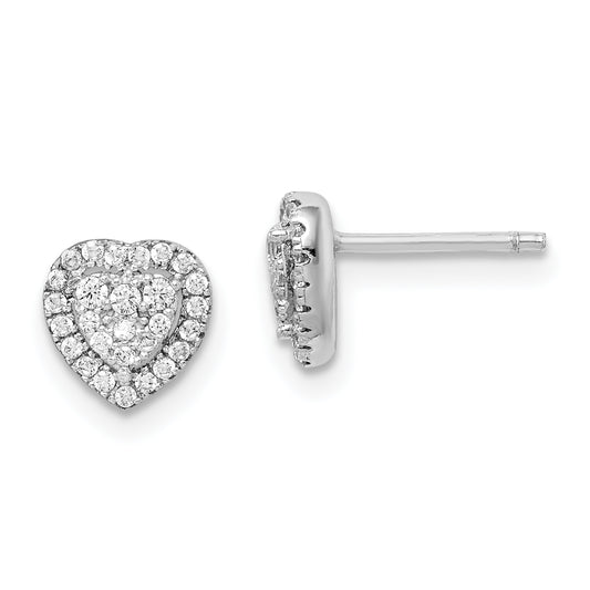 Sterling Silver Rhodium-Plated Pave Cz Heart Post Earrings