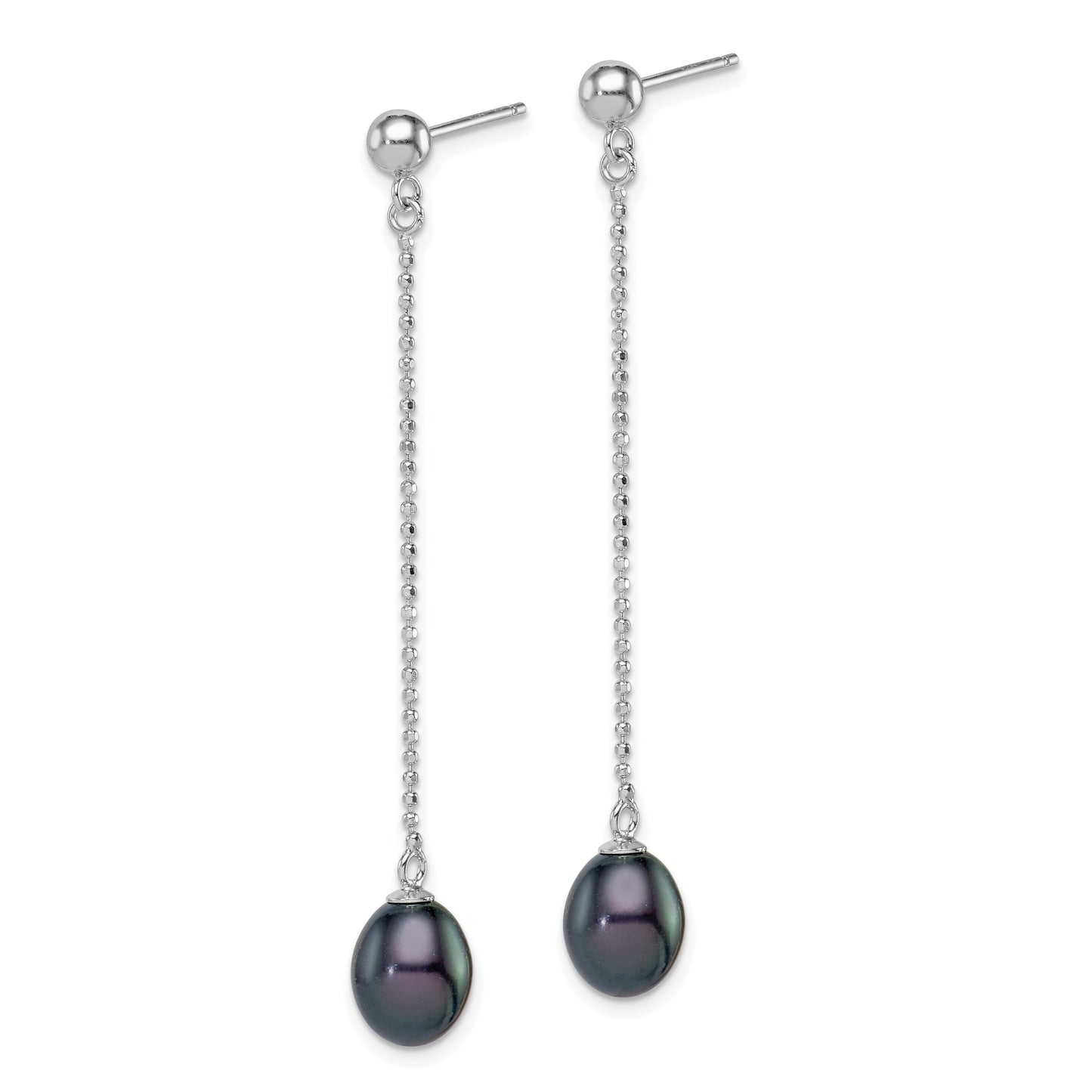 Sterling Silver Rhodium-Plated Polished & Beaded 7-8mm Black Freshwater Cultured Pearl Post Dangle Earrings