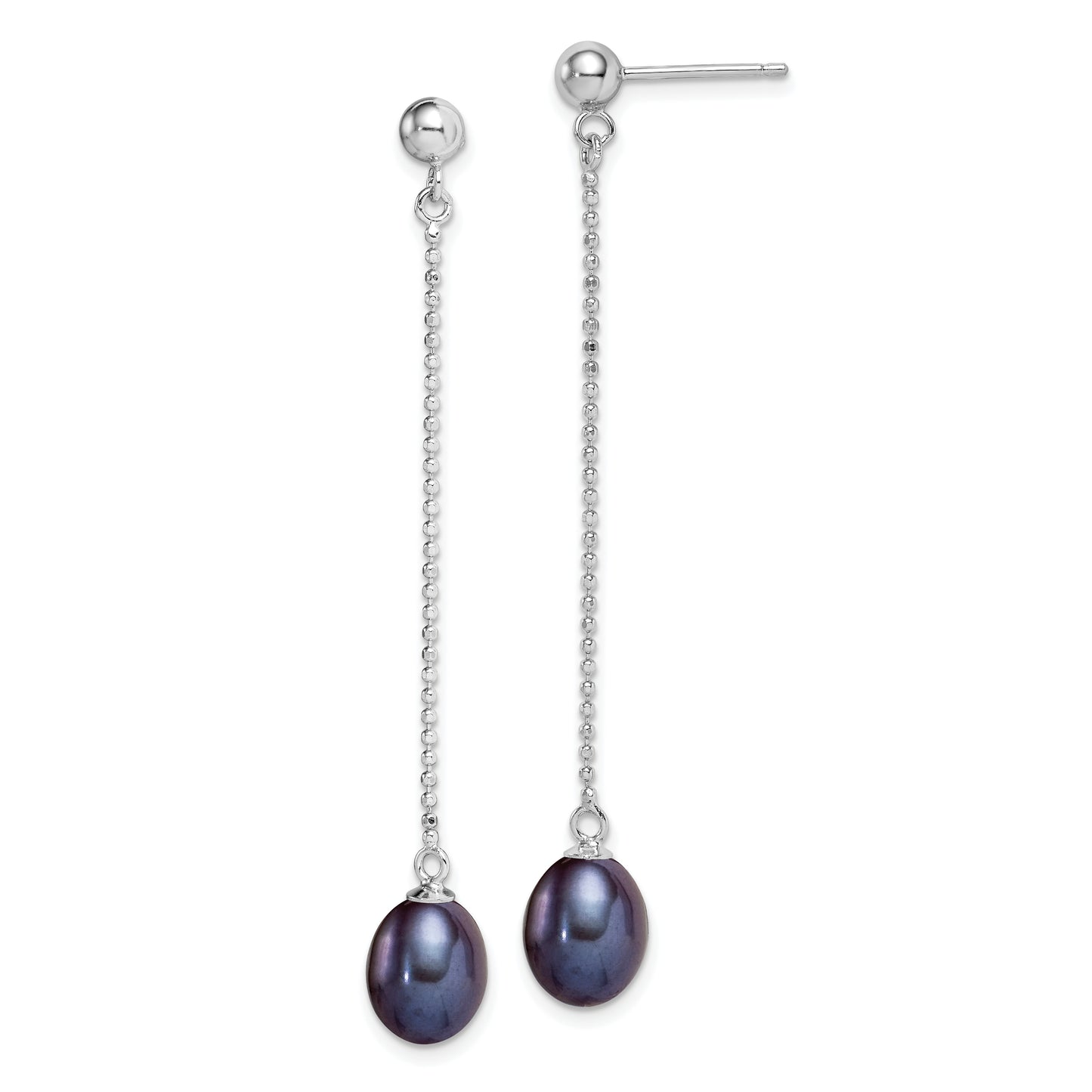 Sterling Silver Rhodium-Plated Polished & Beaded 7-8mm Black Freshwater Cultured Pearl Post Dangle Earrings