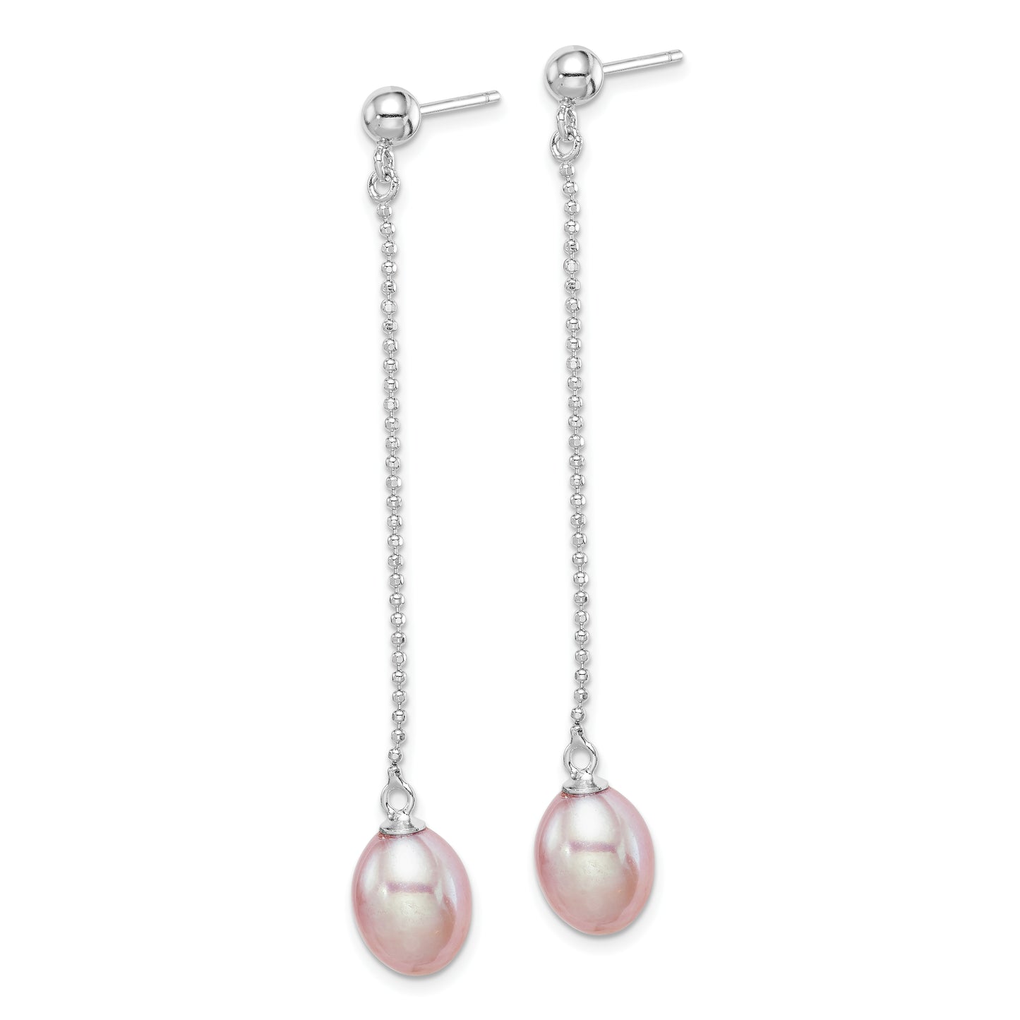 Sterling Silver Rhodium-Plated Polished & Beaded Purple 7-8mm Freshwater Cultured Pearl Post Dangle Earrings